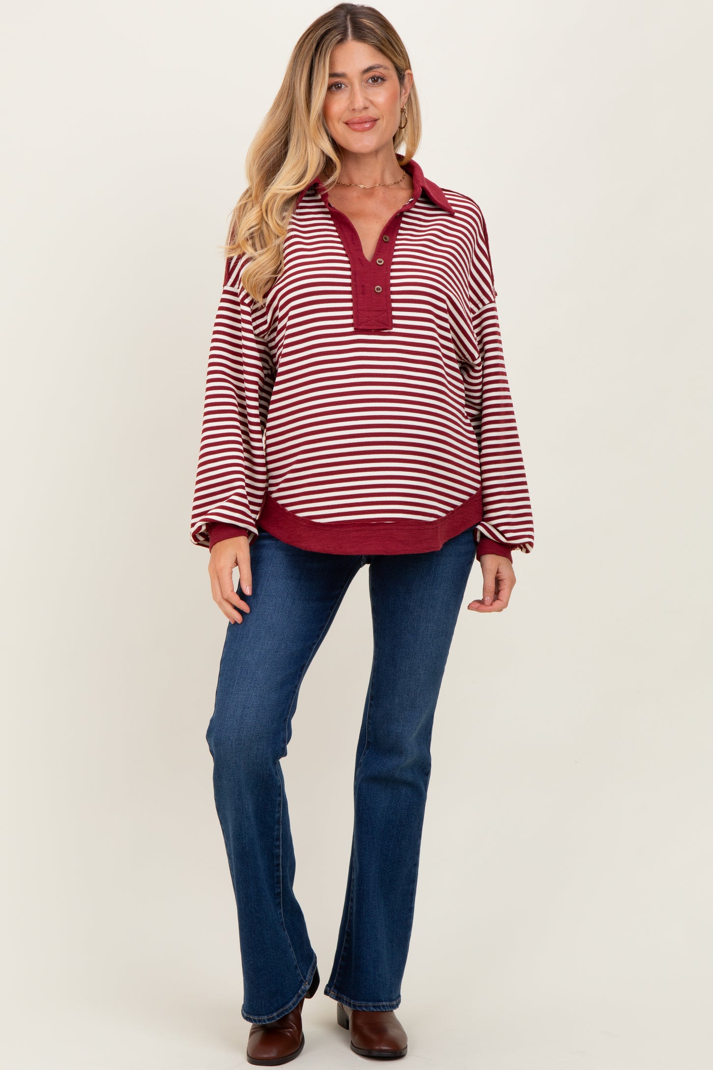 Burgundy Striped Oversized Collared Pullover Maternity Top
