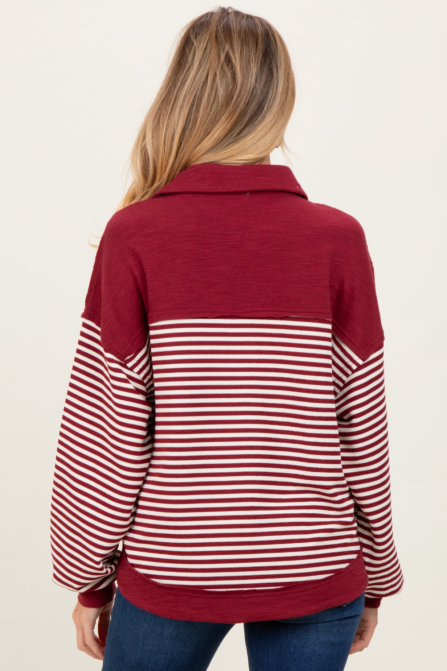Burgundy Striped Oversized Collared Pullover Maternity Top