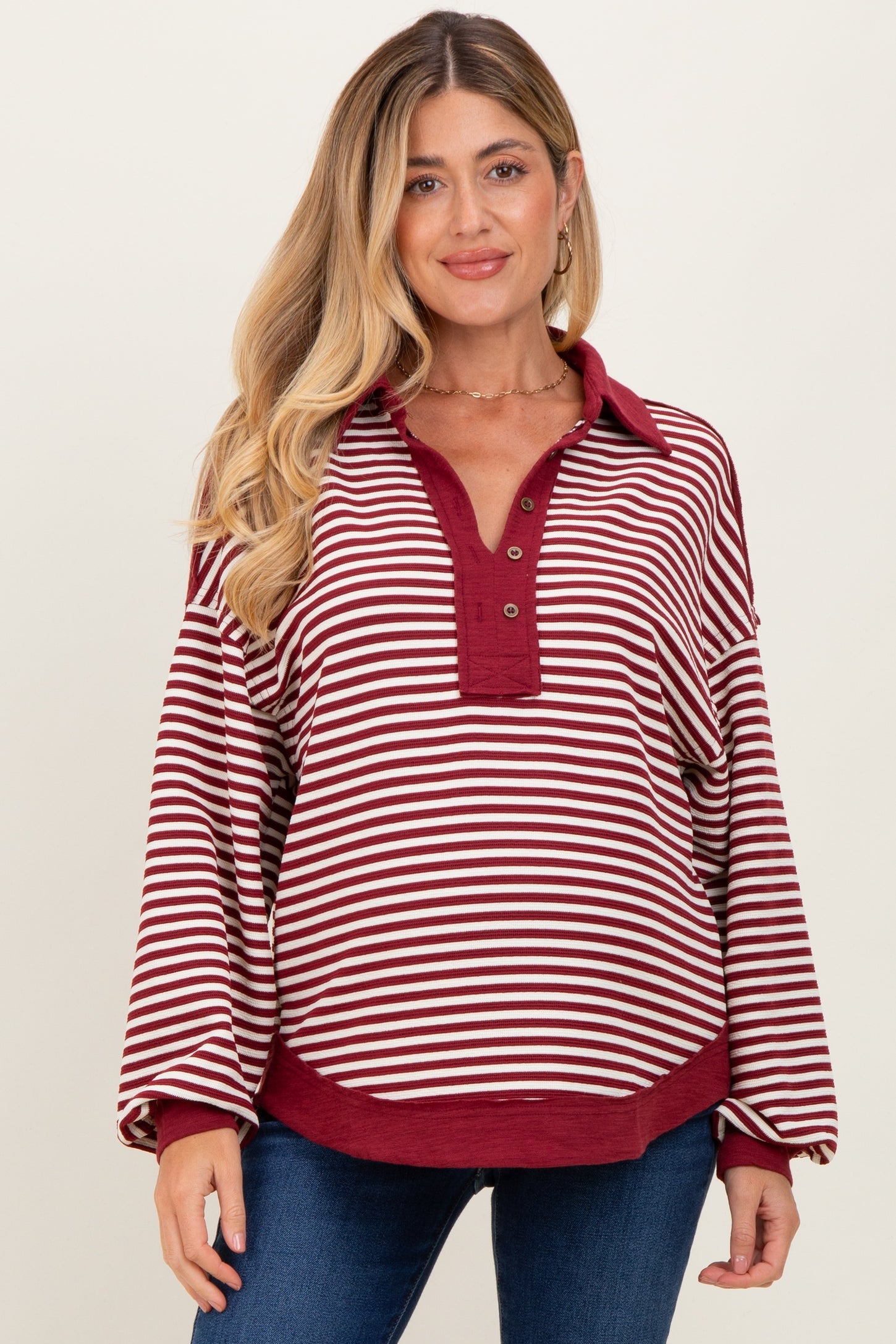 Burgundy Striped Oversized Collared Pullover Maternity Top