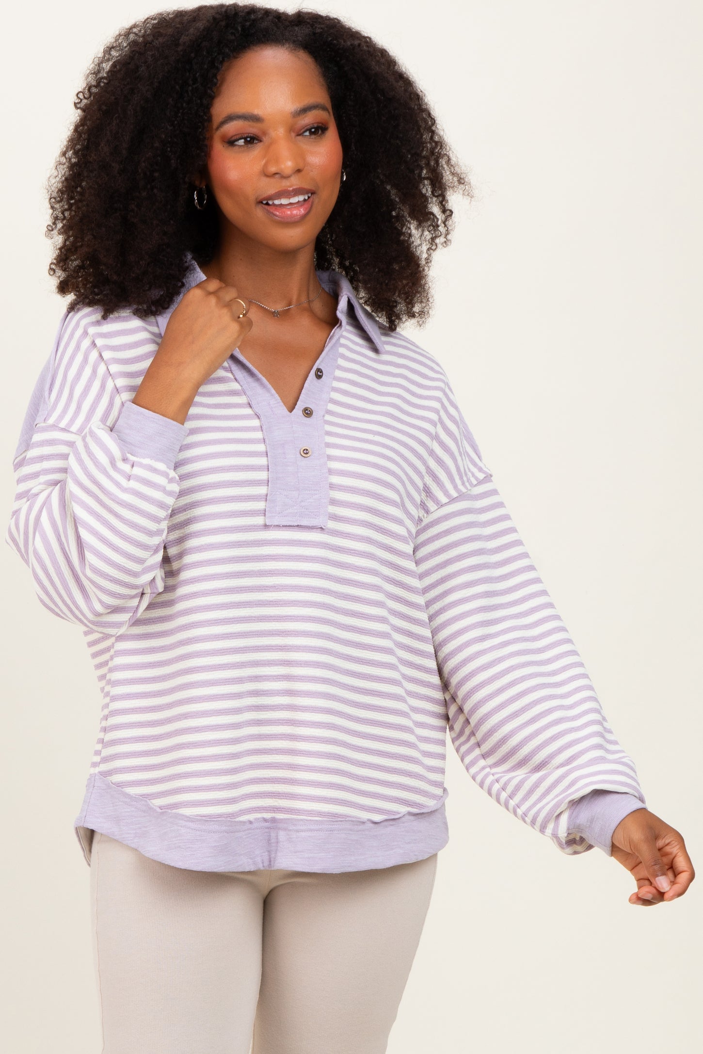 Lavender Striped Oversized Collared Pullover Maternity Top