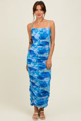 Blue Rose Floral Mesh Sleeveless Ruched Dress