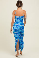 Blue Rose Floral Mesh Sleeveless Ruched Dress