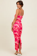 Fuchsia Rose Floral Mesh Sleeveless Ruched Dress