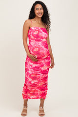 Fuchsia Rose Floral Mesh Sleeveless Ruched Maternity Dress