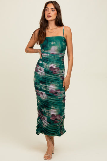 Forest Green Floral Mesh Ruched Sleeveless Midi Dress