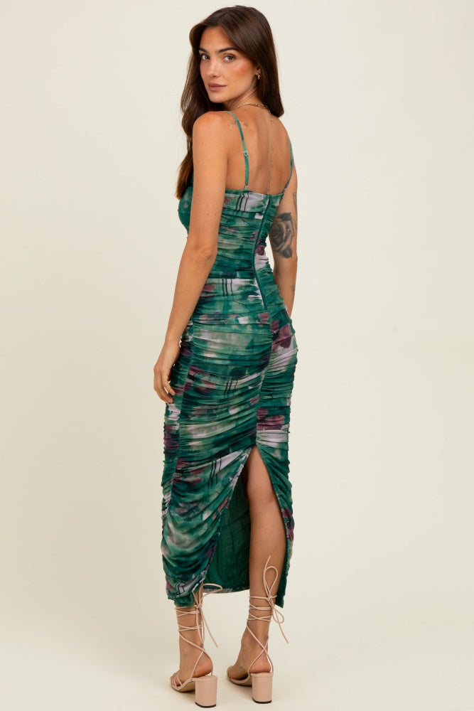 Forest Green Floral Mesh Ruched Sleeveless Midi Dress