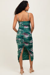 Forest Green Floral Mesh Ruched Sleeveless Maternity Midi Dress