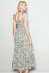 Light Olive Floral Button Down Shoulder Tie Maxi Dress