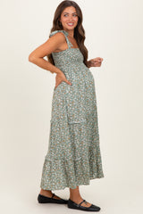 Light Olive Floral Button Down Shoulder Tie Maternity Maxi Dress