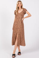 Camel Animal Print Button Accent Maternity Midi Dress