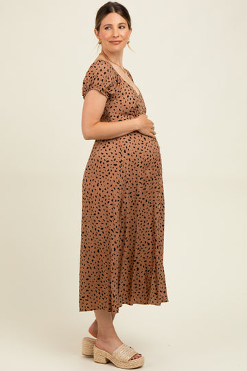 Camel Animal Print Button Accent Maternity Midi Dress