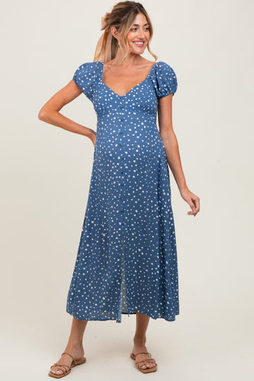 Blue Printed Button Accent Puff Sleeve Maternity Midi Dress