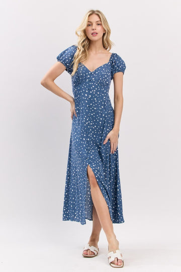 Blue Printed Button Accent Puff Sleeve Maternity Midi Dress