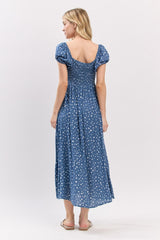 Blue Printed Button Accent Puff Sleeve Maternity Midi Dress