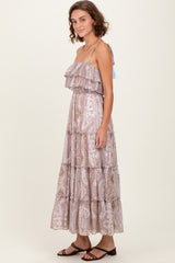 Beige Paisley Ruffle Tiered Shoulder Tie Maxi Dress