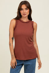 Dark Rust Rib Knit Ruffle Trim Sleeveless Top
