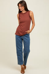 Dark Rust Rib Knit Ruffle Trim Sleeveless Top