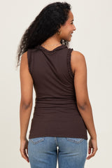 Brown Rib Knit Ruffle Trim Sleeveless Maternity Top