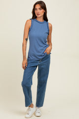 Blue Rib Knit Ruffle Trim Sleeveless Top