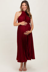 Burgundy Pleated Maternity Halter Dress