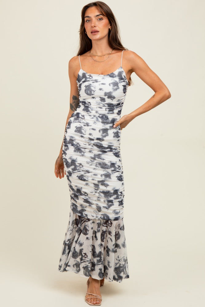 Grey Rose Floral Mesh Ruched Midi Dress
