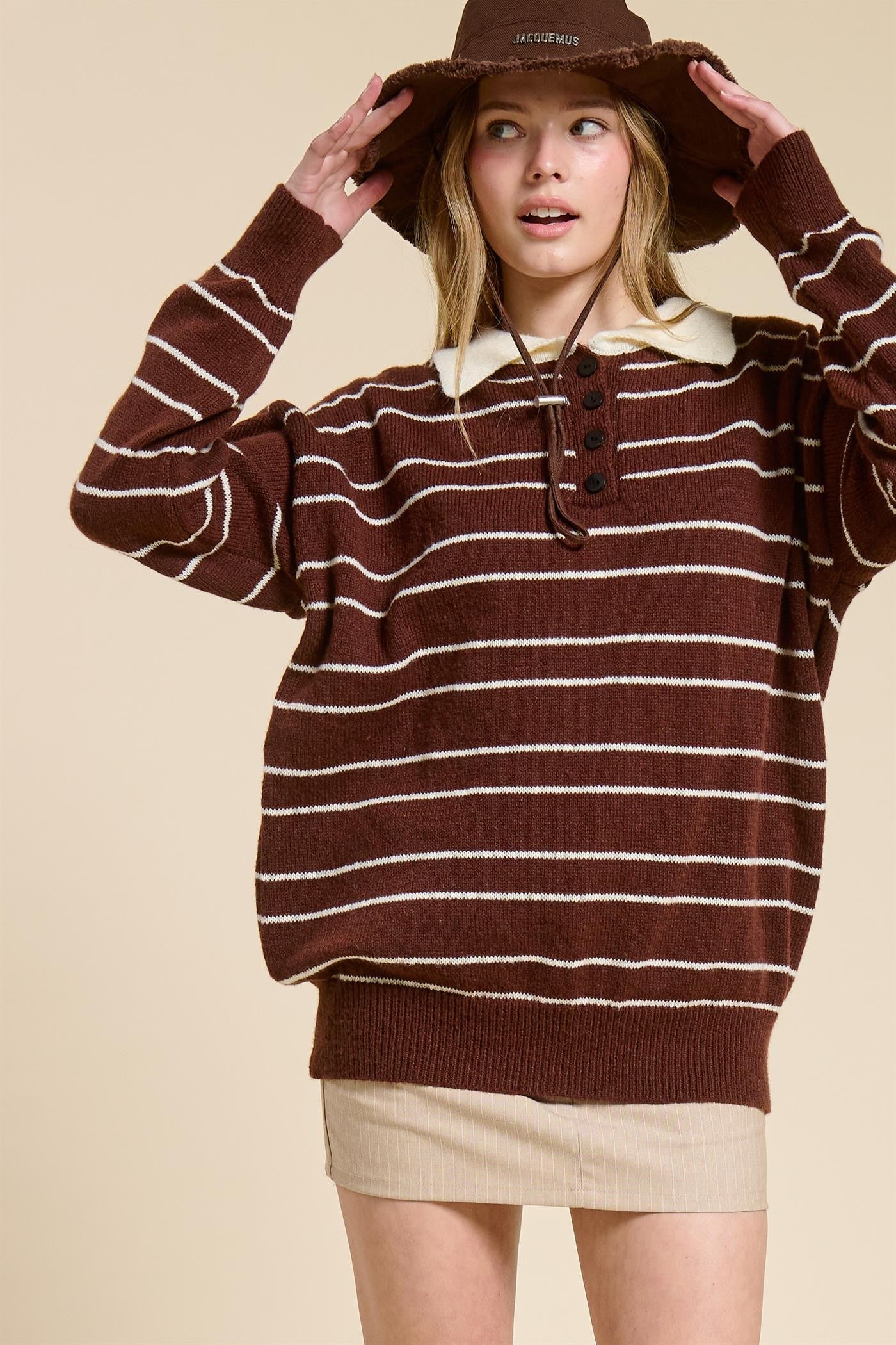 Brown Striped Knit Relaxed Fit Polo Sweater