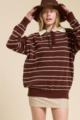 Brown Striped Knit Relaxed Fit Polo Sweater