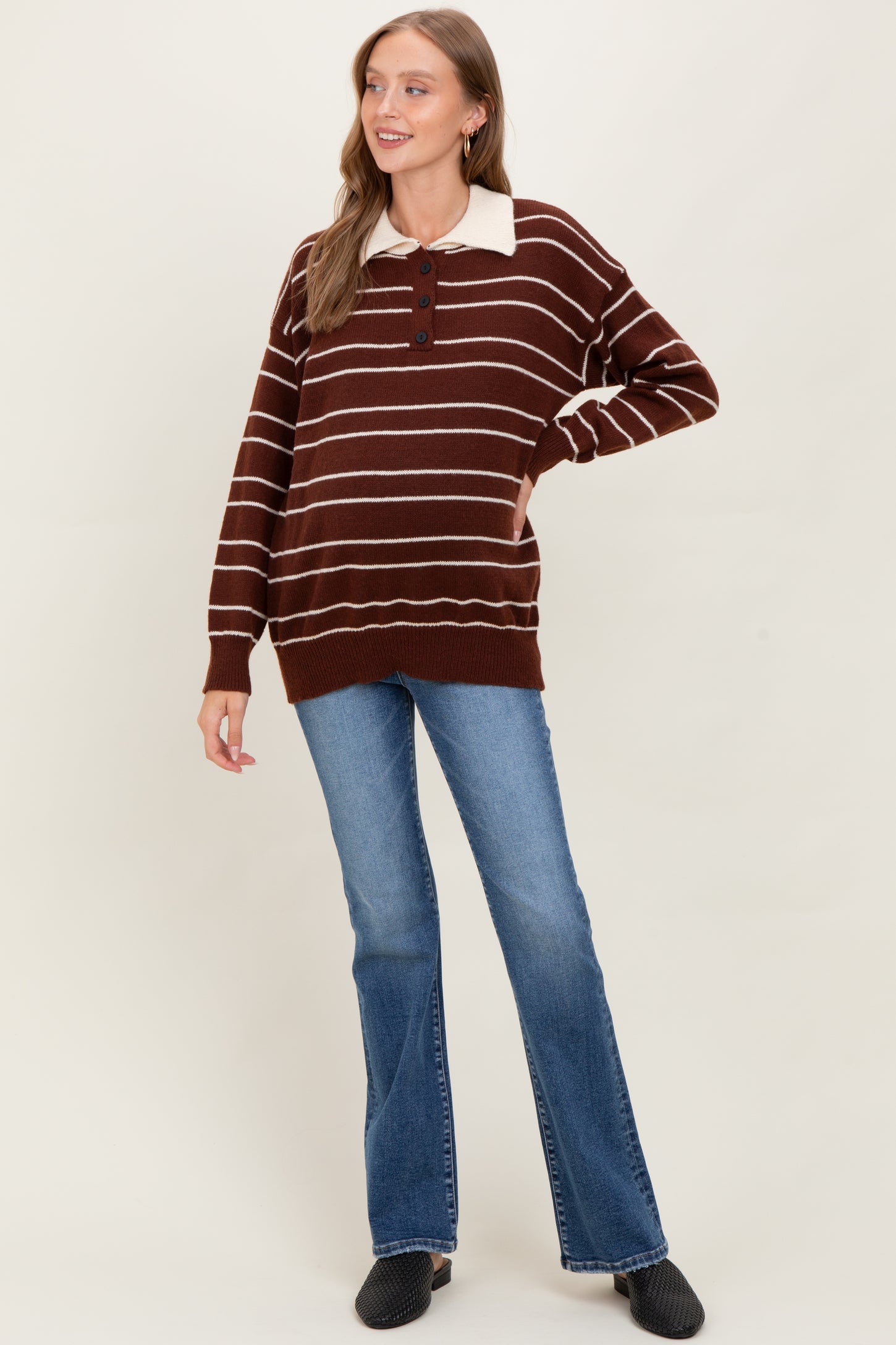 Brown Striped Knit Relaxed Fit Polo Maternity Sweater