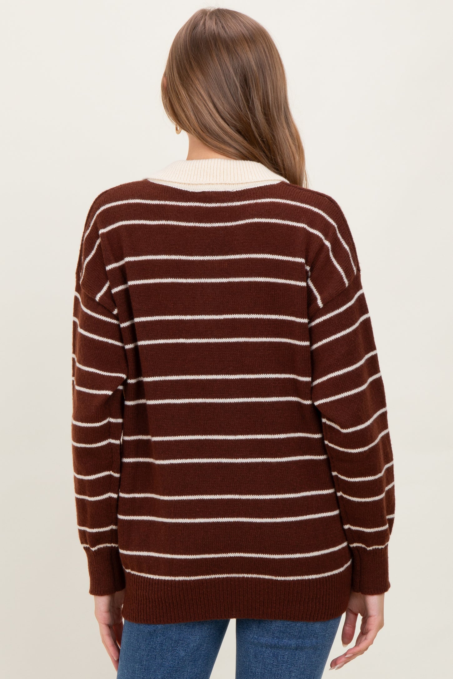 Brown Striped Knit Relaxed Fit Polo Maternity Sweater