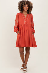 Rust Embroidered V-Neck Long Sleeve Maternity Dress