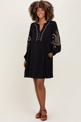 Black Embroidered V-Neck Long Sleeve Maternity Dress