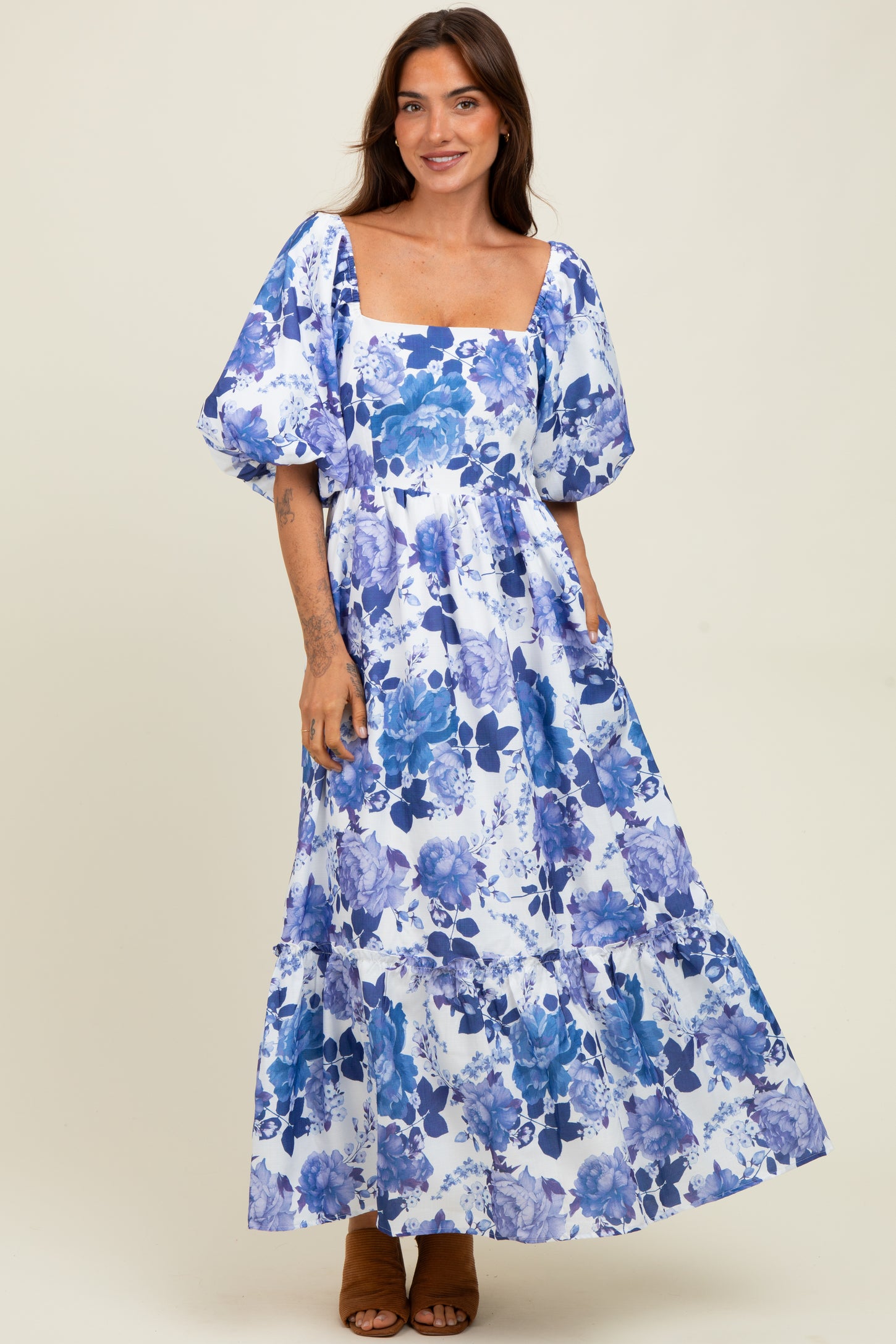 Blue Floral Square Neck Puffed Sleeve Maxi Dress