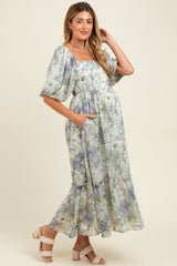 Lavender Floral Square Neck Puffed Sleeve Maternity Maxi Dress