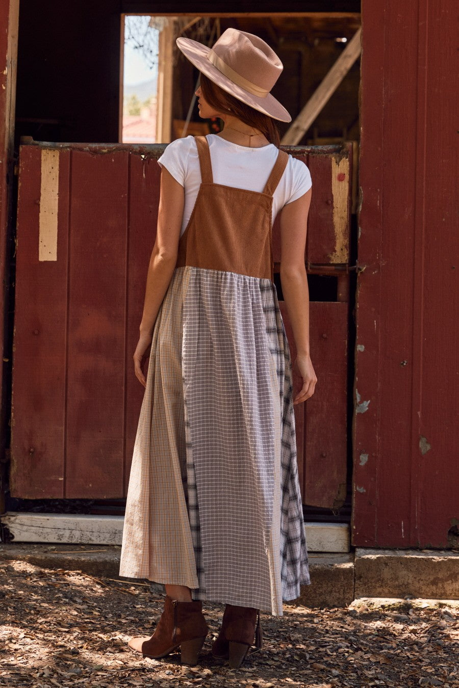 Mocha Multicolor Colorblock Plaid Denim Overall Dress