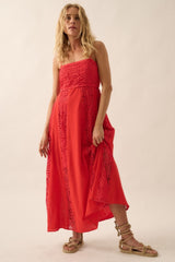 Coral Red Crochet Lace Paneled Maxi Dress