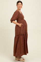 Brown Floral Smocked Puff Sleeve Maternity Maxi Dress