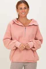 Peach Fleece Half Zip Drop Shoulder Hoodie