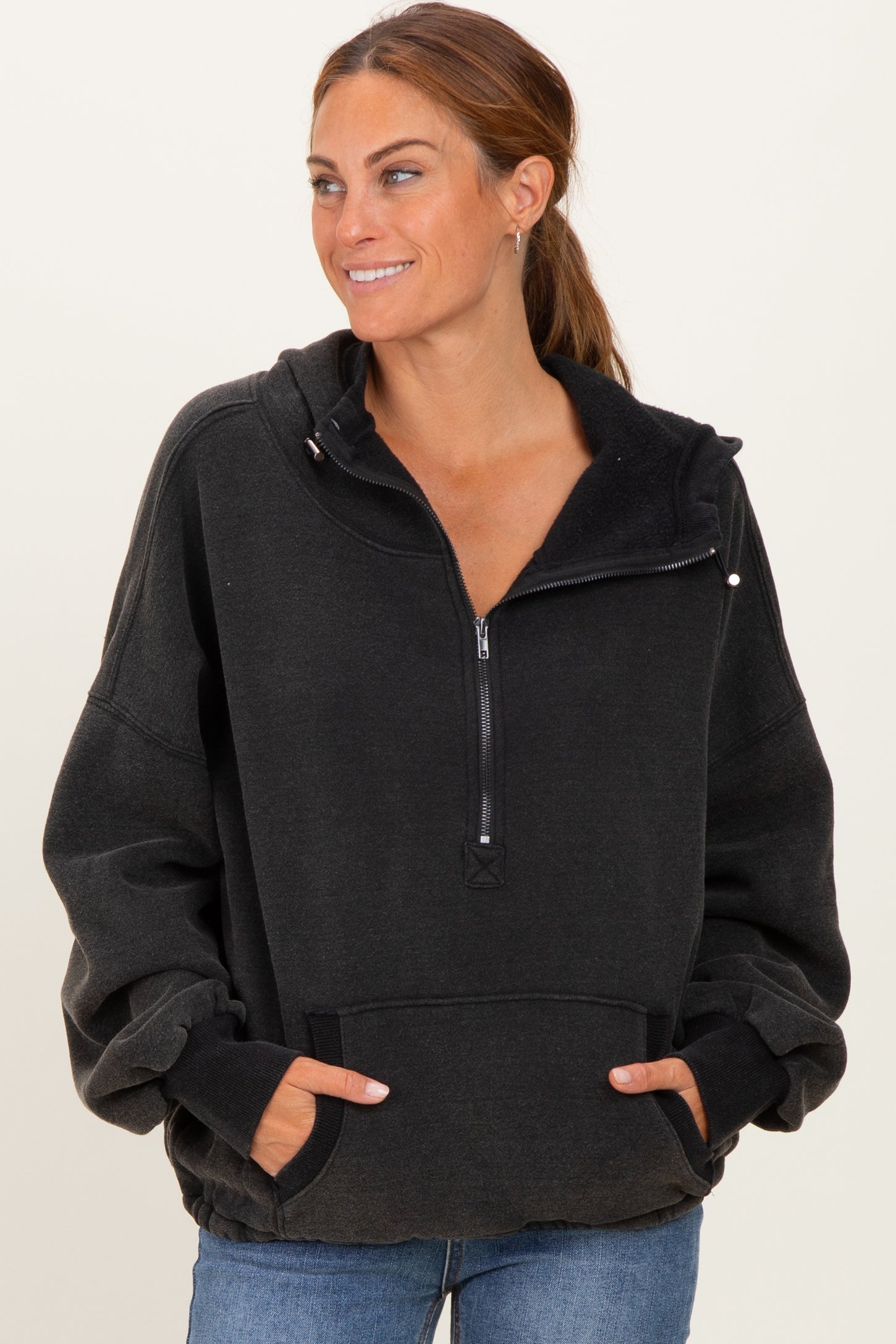 Black Fleece Half Zip Drop Shoulder Hoodie