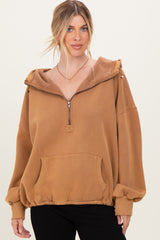 Mocha Fleece Half Zip Drop Shoulder Maternity Hoodie