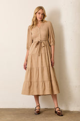 Taupe Floral Jacquard Button Front Tiered Maternity Dress
