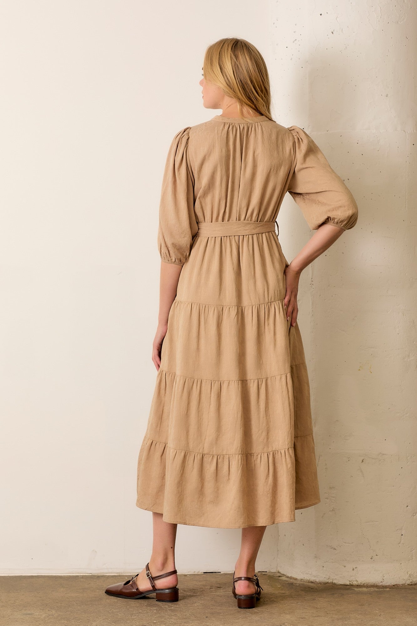 Taupe Floral Jacquard Button Front Tiered Dress
