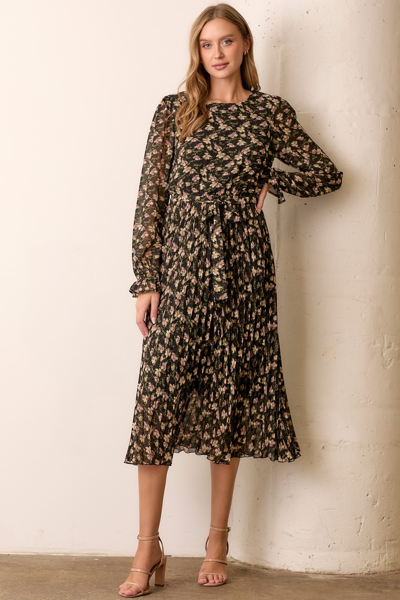 Black Floral Chiffon Long Sleeve Pleated Midi Dress