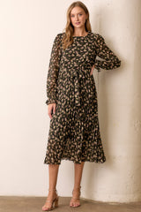 Black Floral Chiffon Long Sleeve Pleated Maternity Midi Dress