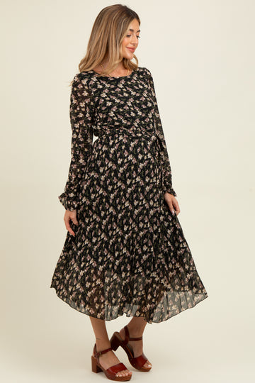Black Floral Chiffon Long Sleeve Pleated Maternity Midi Dress