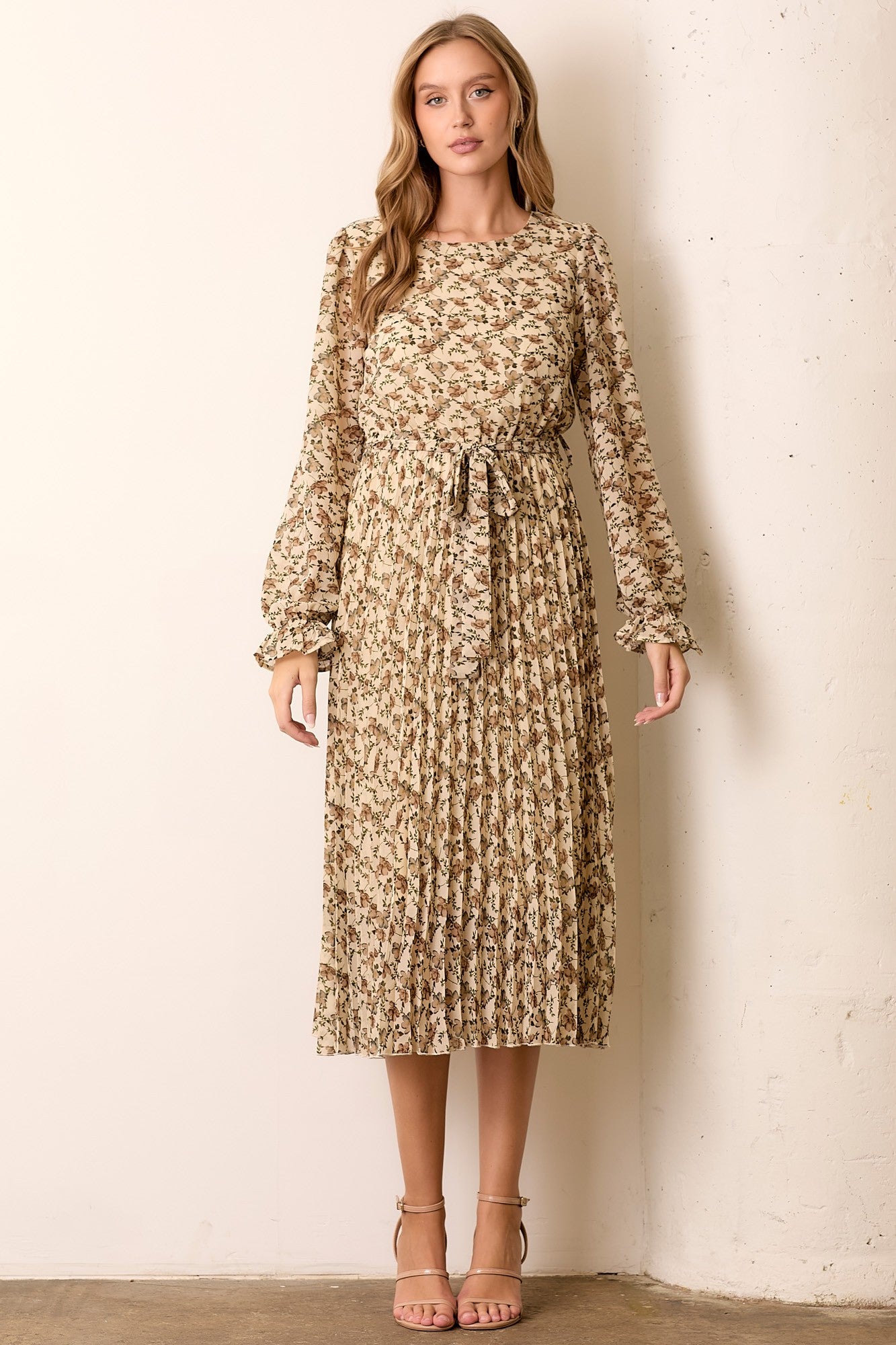 Cream Floral Chiffon Long Sleeve Pleated Midi Dress