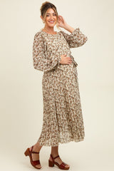 Cream Floral Chiffon Long Sleeve Pleated Maternity Midi Dress