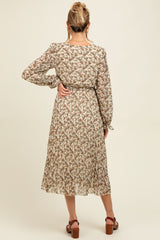 Cream Floral Chiffon Long Sleeve Pleated Maternity Midi Dress