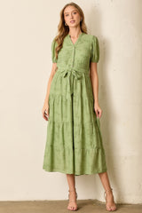 Green Floral Button Front Tiered Midi Dress