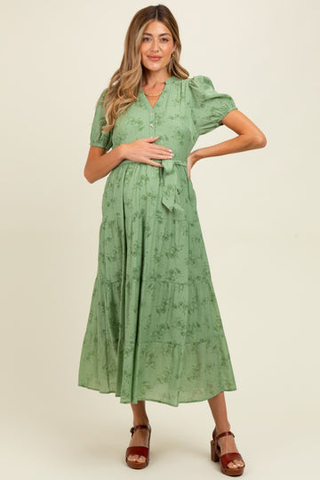 Green Floral Button Front Tiered Maternity Midi Dress