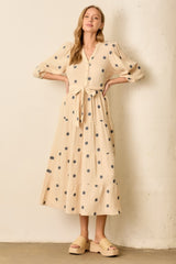 Cream Floral Cotton Gauze Tiered Midi Dress